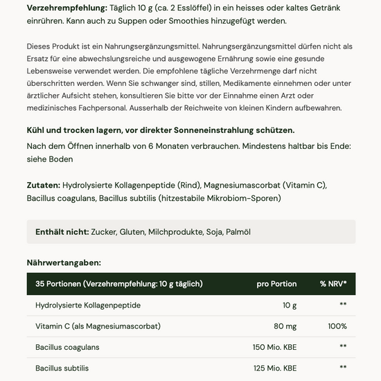 Neutrient Advanced Collagen nutritional information in German on white background