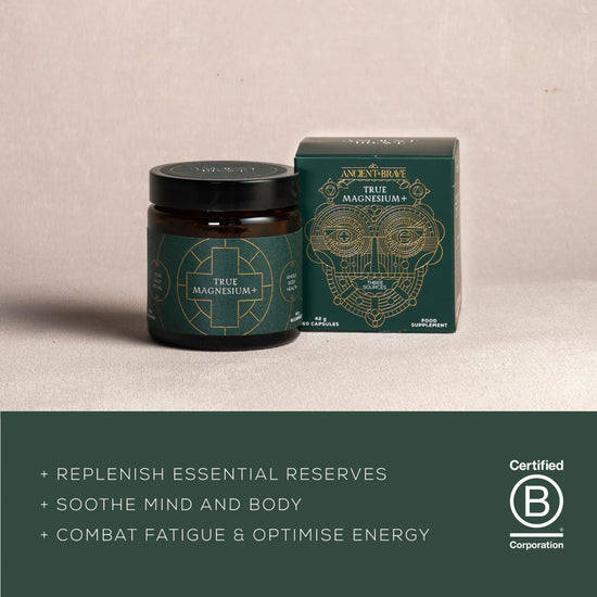 Jar and packaging box of Ancient Brave True Magnesium supplement on a beige background with certification logo