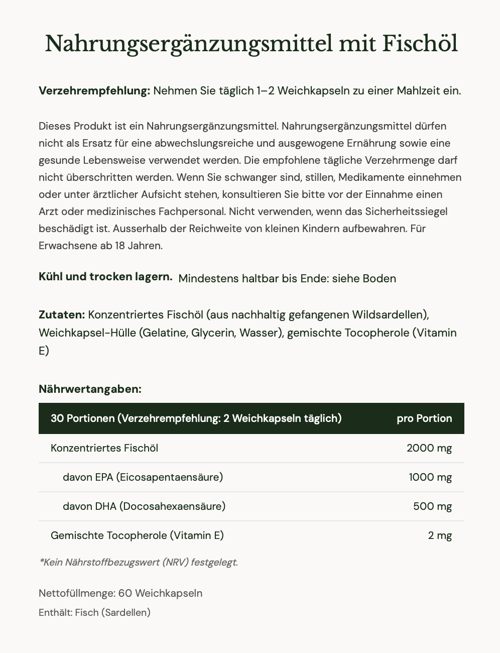 Nutritional supplement label in German