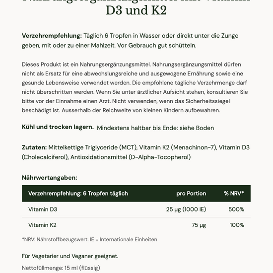 Product label in German with nutritional information and usage instructions for a supplement containing Vitamin D3 and K2