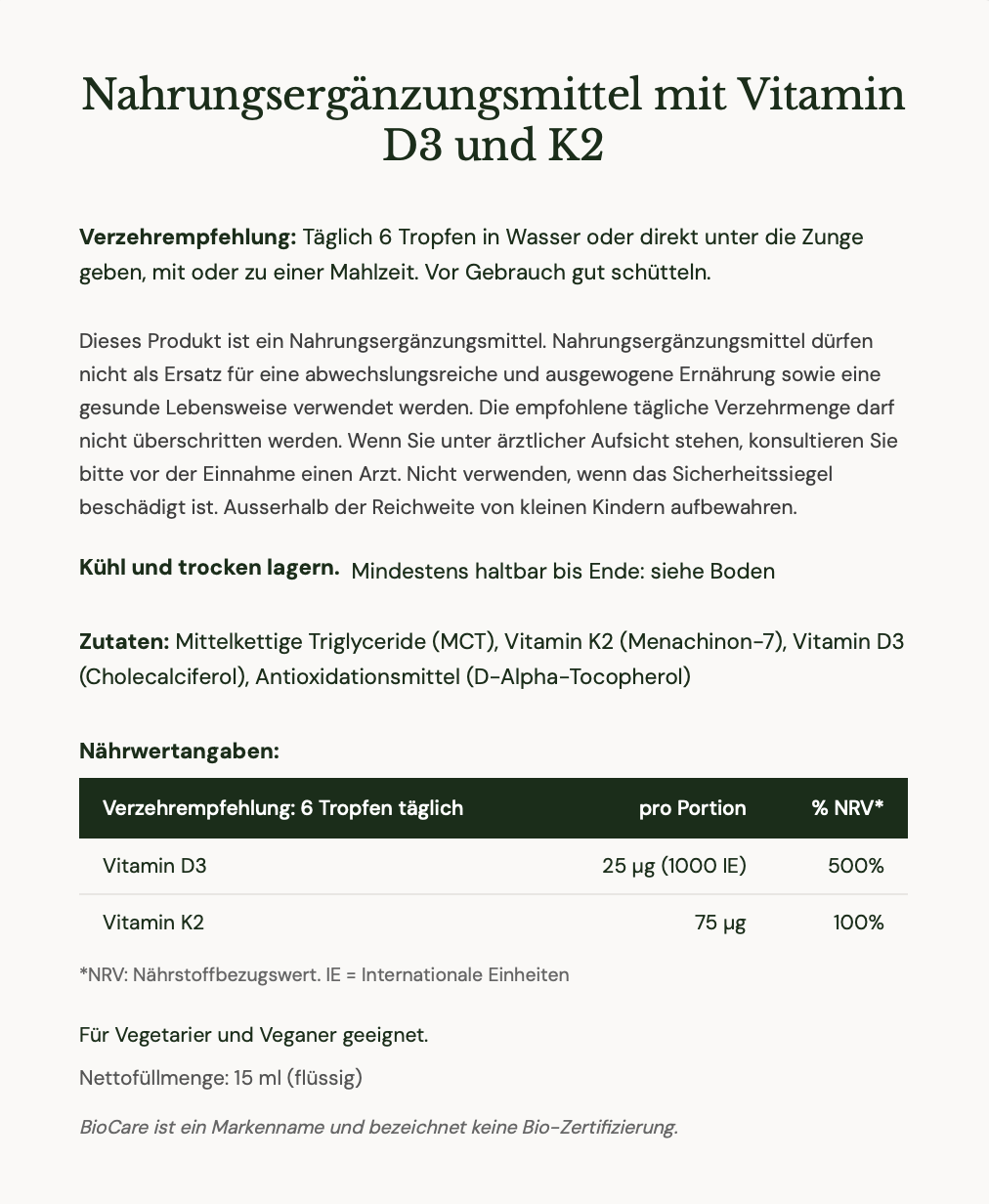 Product label in German with nutritional information and usage instructions for a supplement containing Vitamin D3 and K2