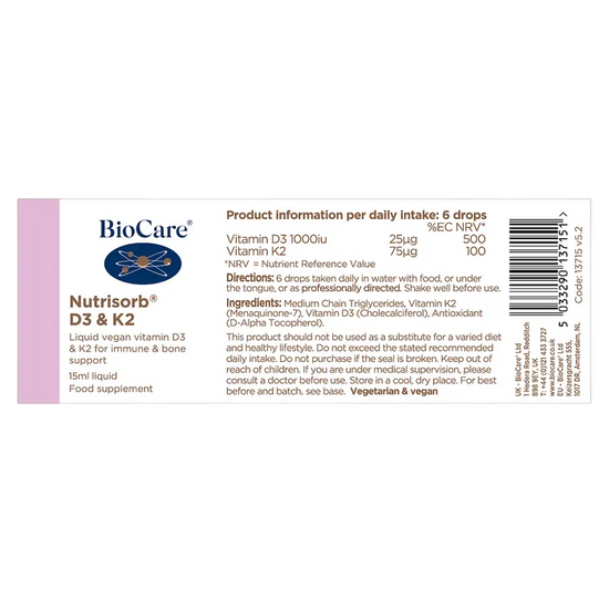 BioCare Nutrisorb D3 & K2 supplement ingredients label on a white background