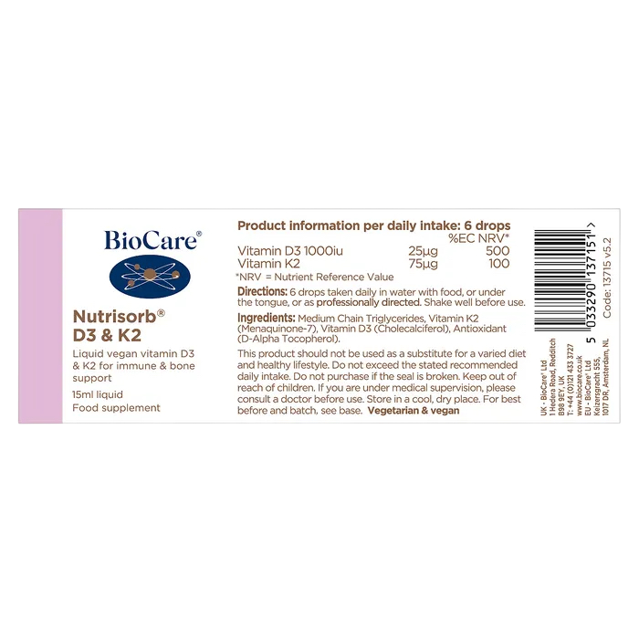 BioCare Nutrisorb D3 & K2 supplement ingredients label on a white background