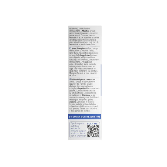 Neutrient vitamin D3 + K2 spray label with text and QR code on a white background