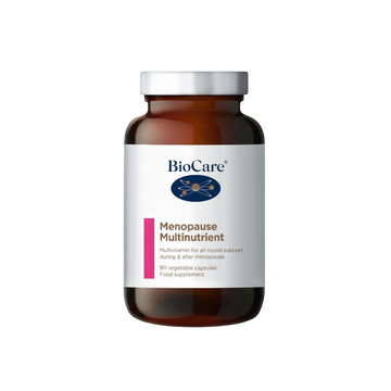 Biocare Menopause Multinutrient supplement bottle front side with white color label