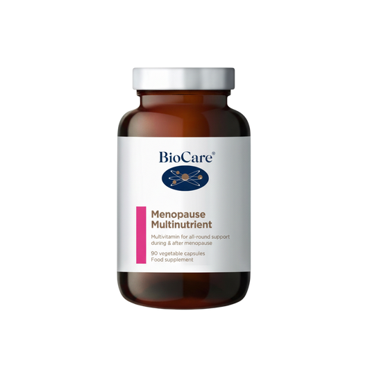 Biocare Menopause Multinutrient supplement bottle front side with white color label