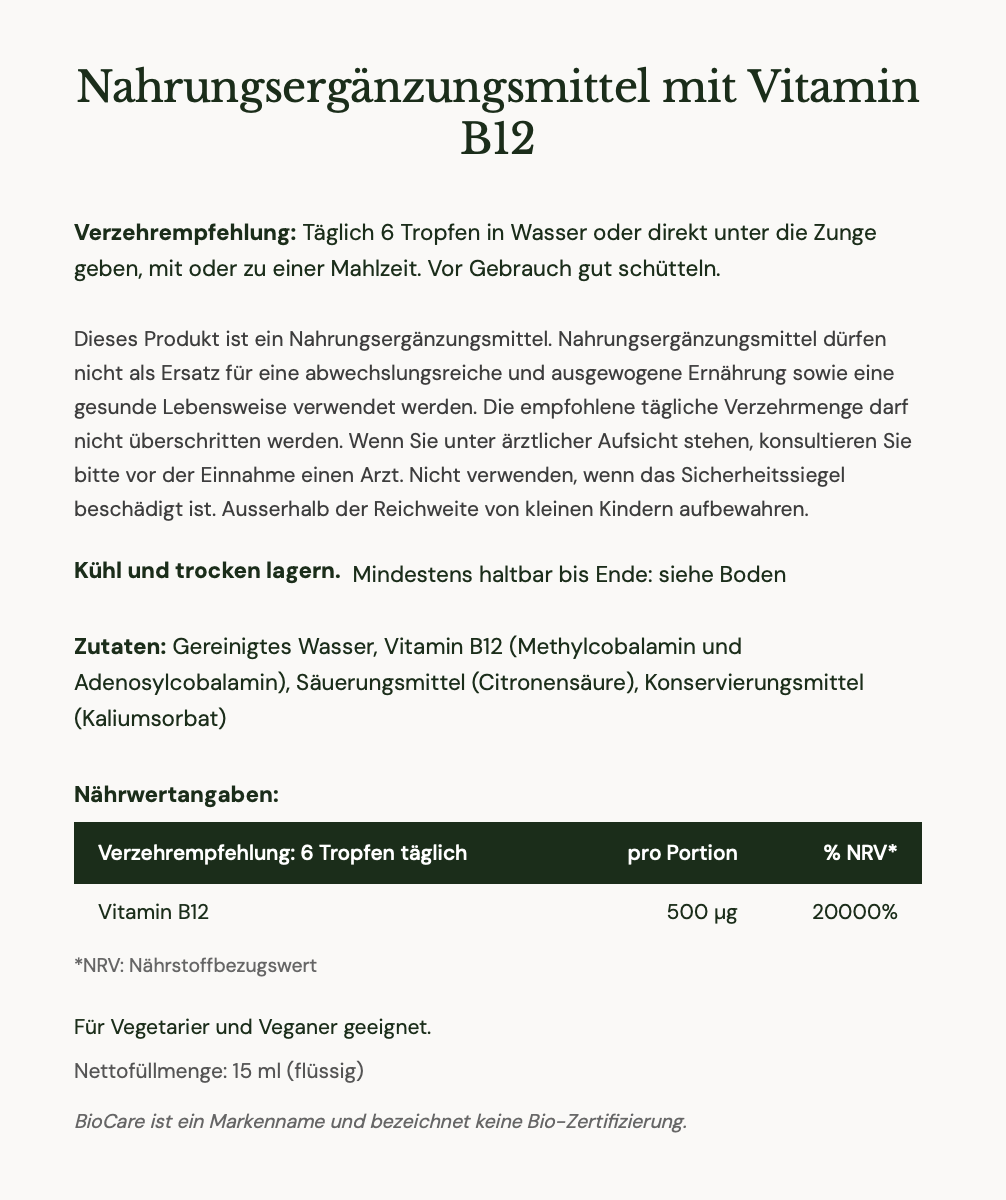 Biocare Methyl B12 vitamin supplement label with text and nutritional information on a white background