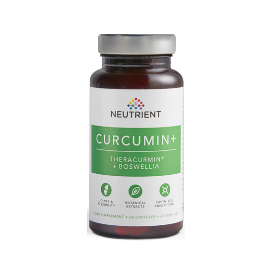 Supplement bottle labeled 'Neutrient Curcumin+' on a white background