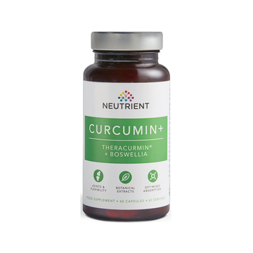 Supplement bottle labeled 'Neutrient Curcumin+' on a white background