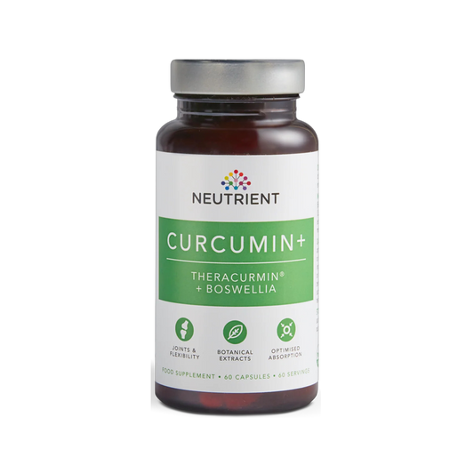 Supplement bottle labeled 'Neutrient Curcumin+' on a white background