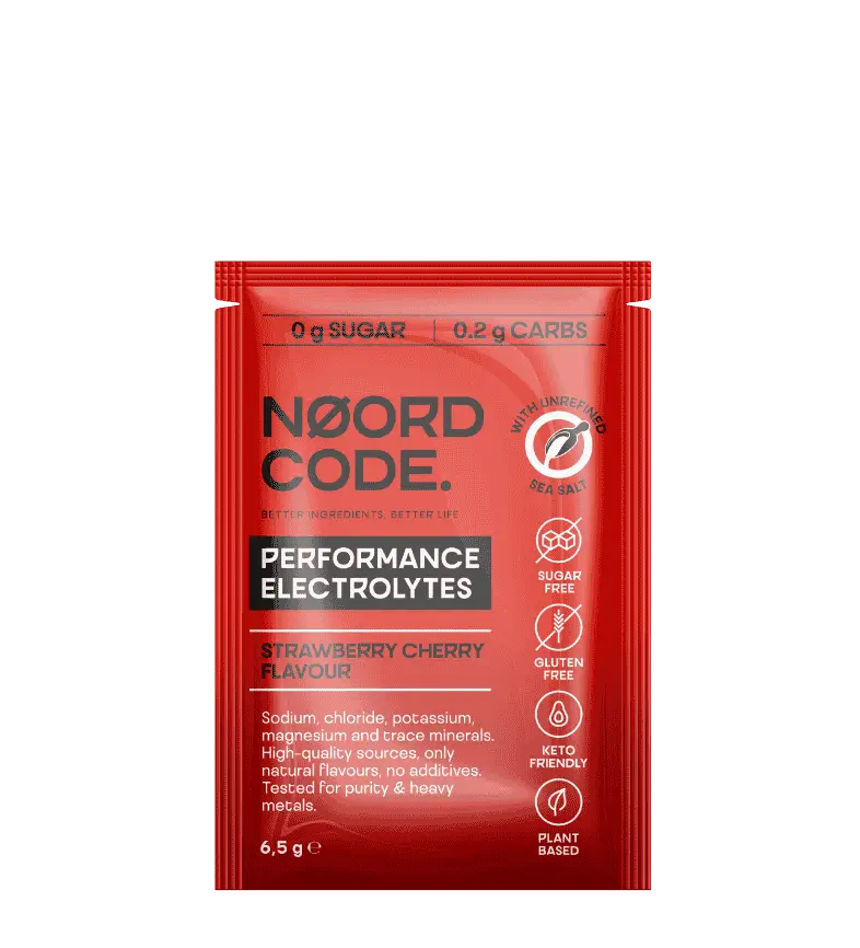A single red stand-up sachet of Noord Code Performance Electrolytes in Strawberry Cherry Flavour