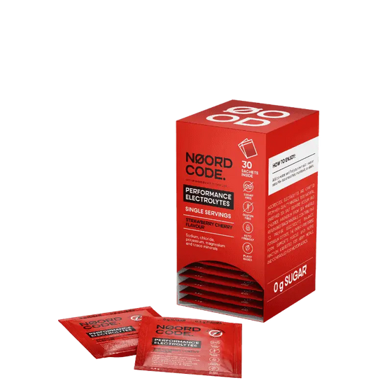 Red box and packets of Noord Code Performance Electrolytes on a white background