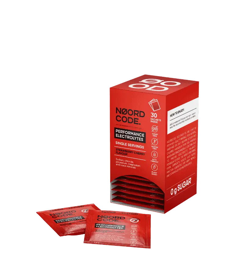 Red box and packets of Noord Code Performance Electrolytes on a white background