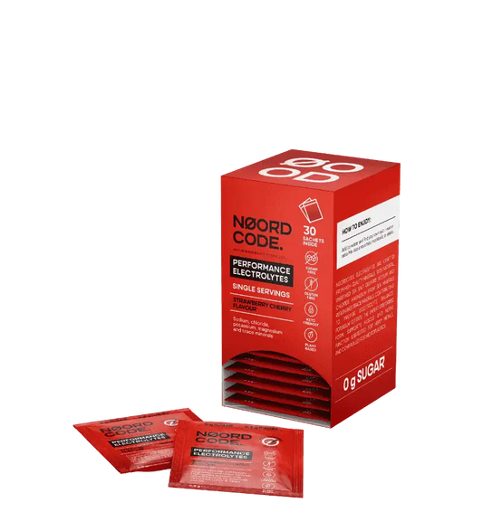 Red box and packets of Noord Code Performance Electrolytes on a white background