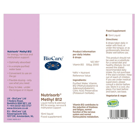 BioCare Nutrisorb Methyl B12 supplement facts and ingredients label