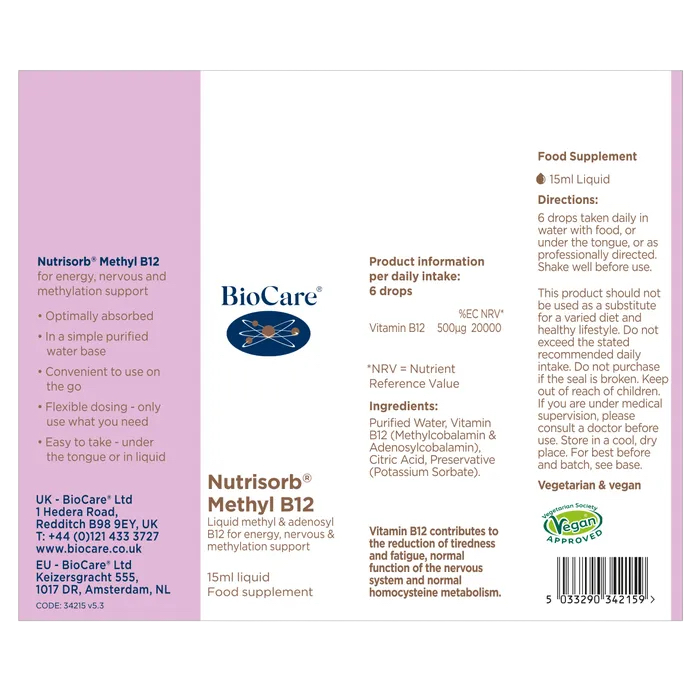 BioCare Nutrisorb Methyl B12 supplement facts and ingredients label