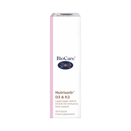 Biocare Nutrisorb D3 & K2 supplement packaging in white color