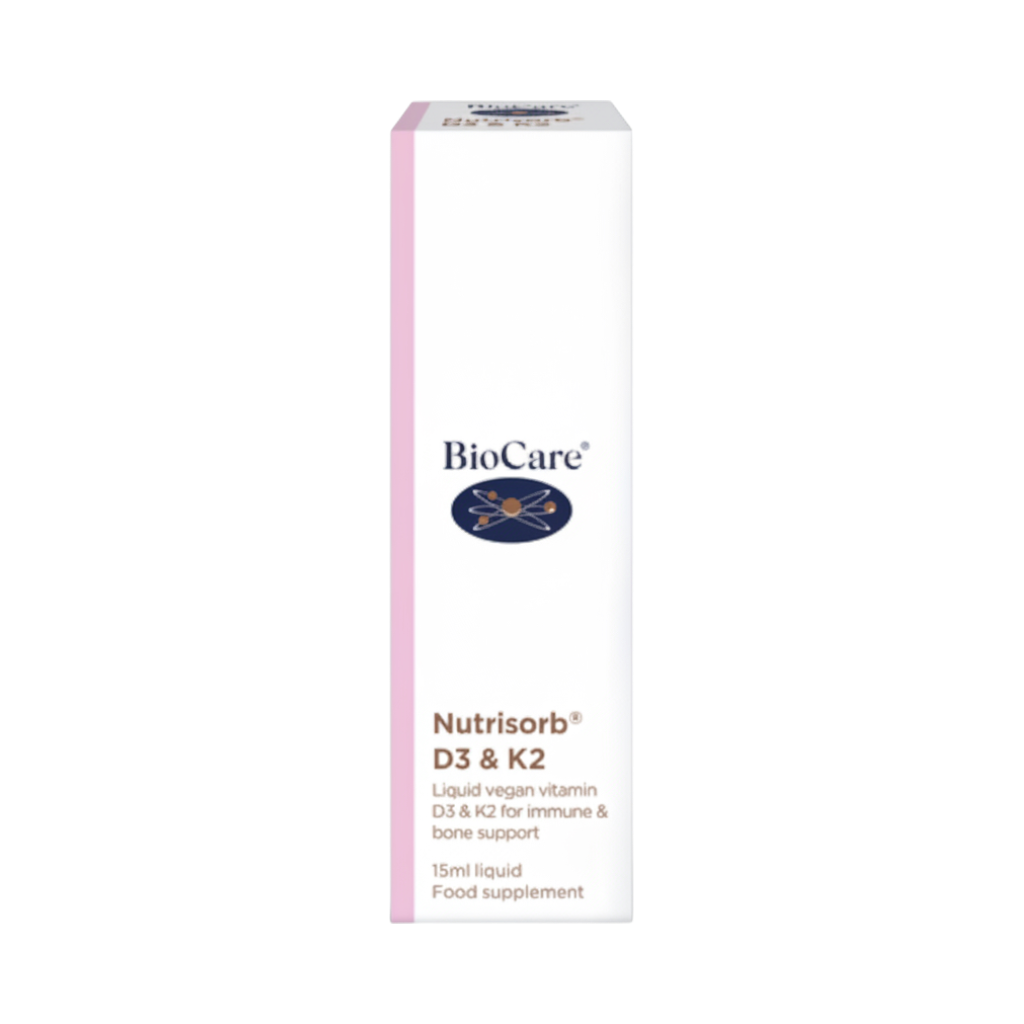 Biocare Nutrisorb D3 & K2 supplement packaging in white color