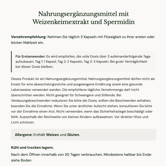 Oxford Healthspan Primeadine GF supplement information in German on white background.