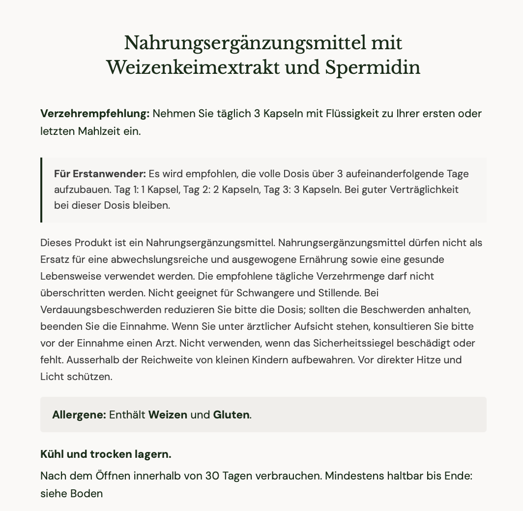 Oxford Healthspan Primeadine GF supplement information in German on white background.