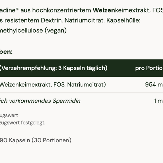 Oxford Healthspan Primeadine GF nutritional information and ingredient list in German on a white background.