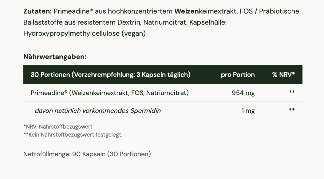 Oxford Healthspan Primeadine GF nutritional information and ingredient list in German on a white background.