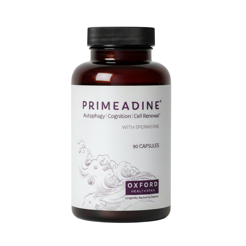 Brown supplement bottle labeled 'Primeadine' with a white label on a white background