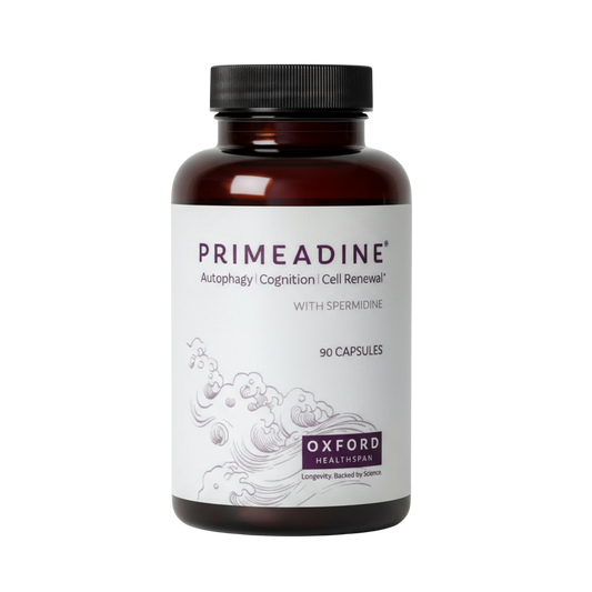Brown supplement bottle labeled 'Primeadine' with a white label on a white background