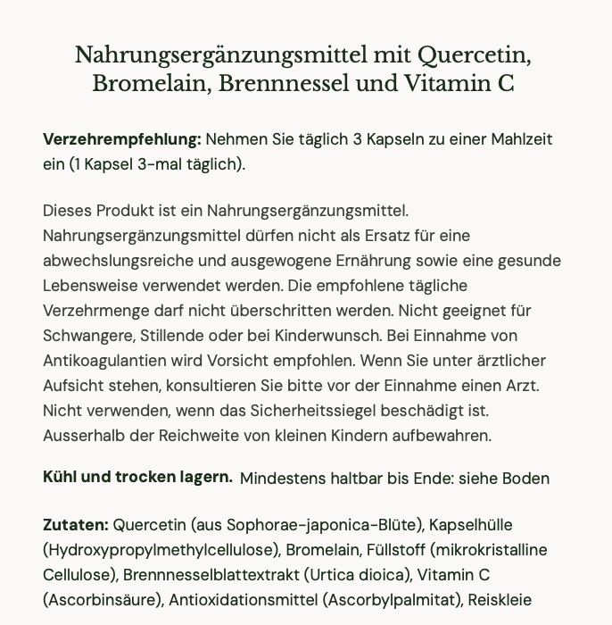 BioCare Quercetin Complex product label with German text on a white background