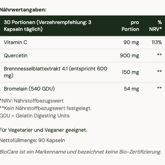 Nutritional information table for BioCare Quercetin Complex with various ingredients and their amounts per portion