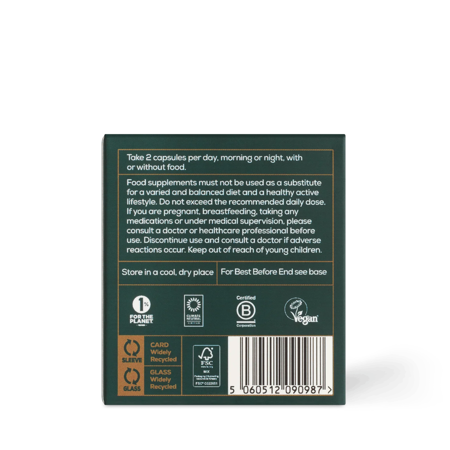 Back of Ancient Brave True Magnesium supplement packaging box in green color