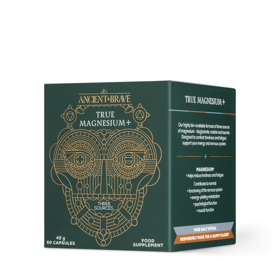 Side of Ancient Brave True Magnesium supplement packaging box in green color
