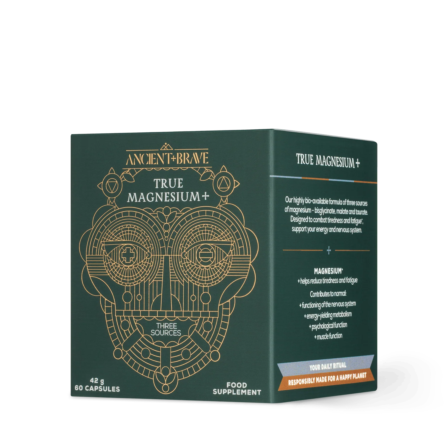Side of Ancient Brave True Magnesium supplement packaging box in green color
