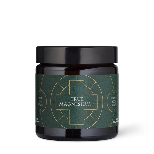 Jar of True Magnesium+ on a white background