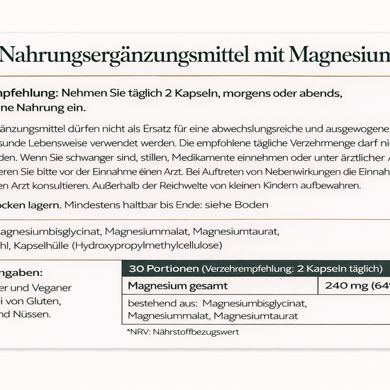 Nutritional supplement label with German text on a white background