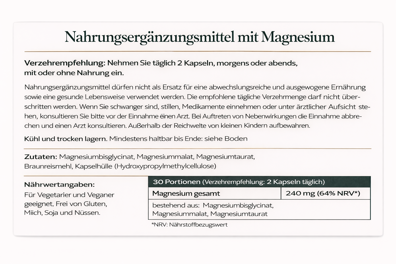 Nutritional supplement label with German text on a white background