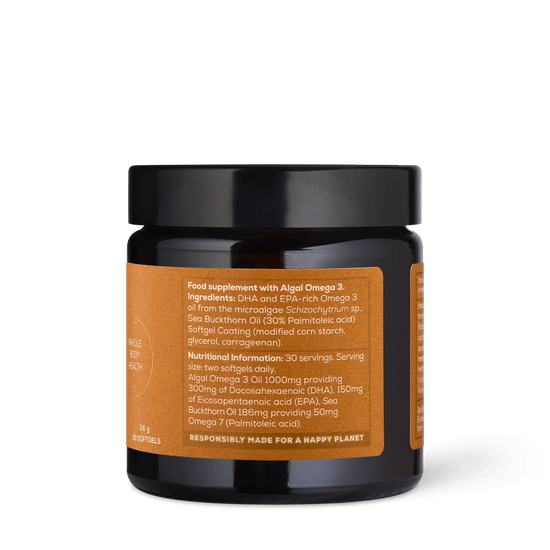 True Omegas+ supplement jar with orange label on a transparent background