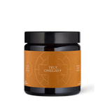 Jar of True Omegas+ supplement with an orange color label 