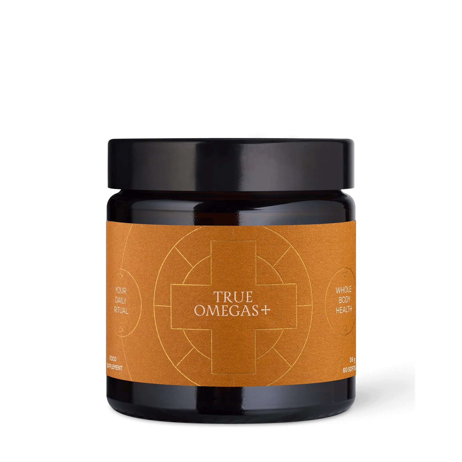 Jar of True Omegas+ supplement with an orange color label 