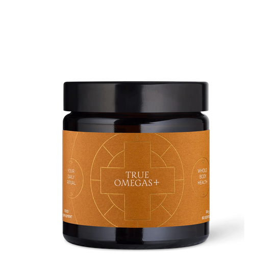 Jar of True Omegas+ supplement with an orange color label 