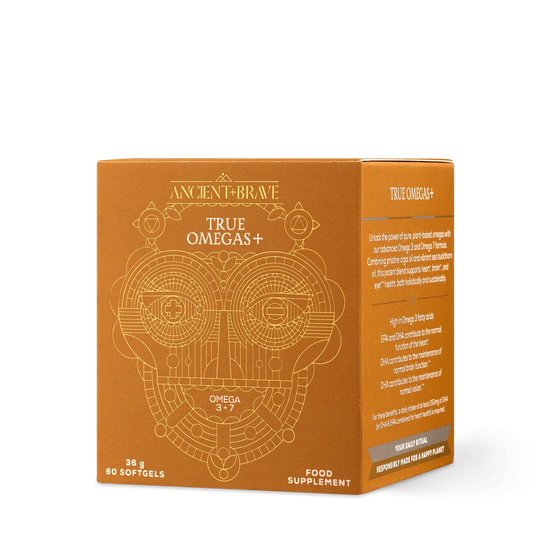 Orange packaging of True Omegas+ supplement with geometric design and text