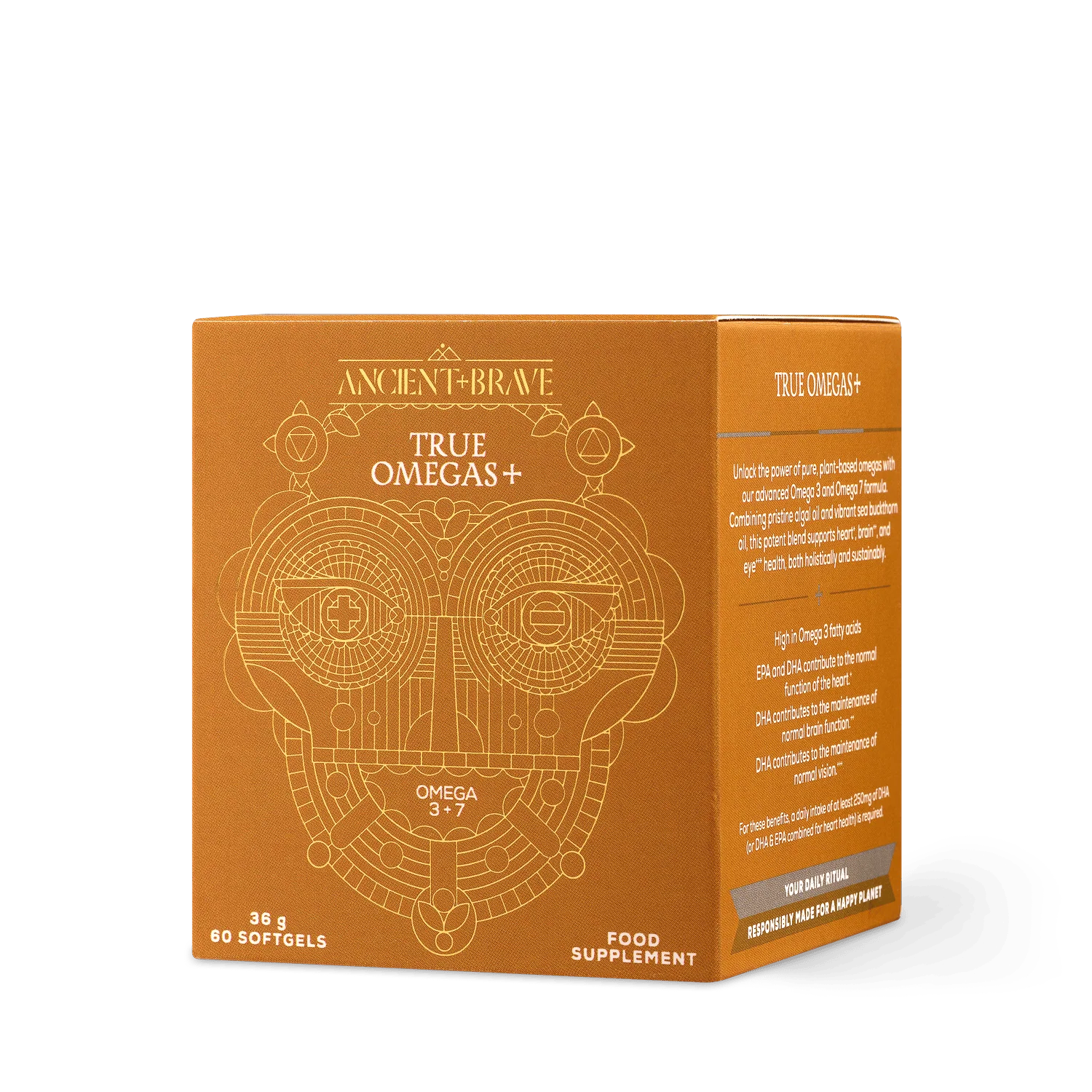 Orange packaging of True Omegas+ supplement with geometric design and text