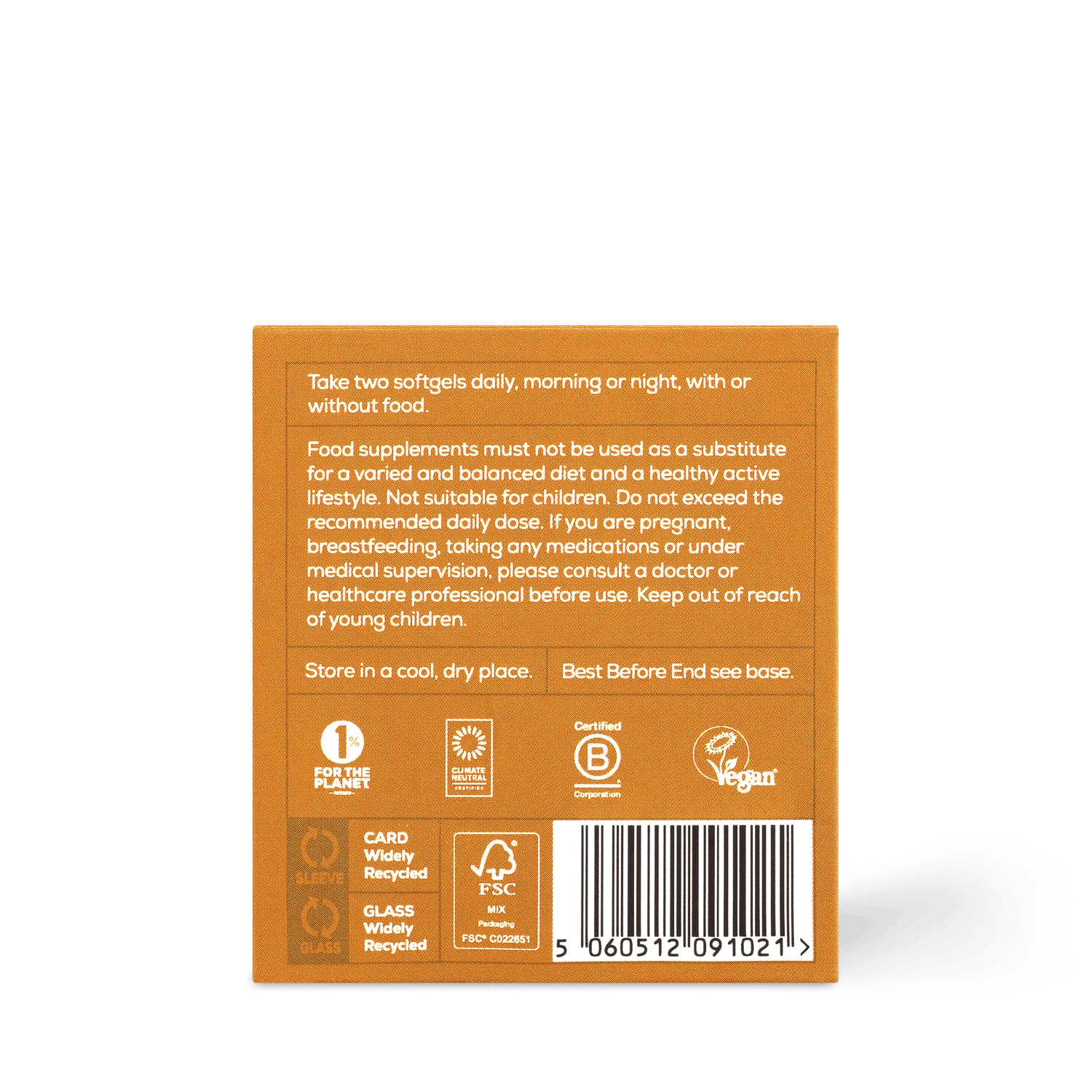 Back of an orange color supplement package for True Omegas+ with text and recycling symbols