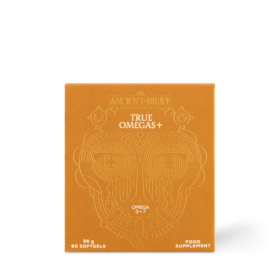 Orange supplement package for True Omegas+ with intricate design and text