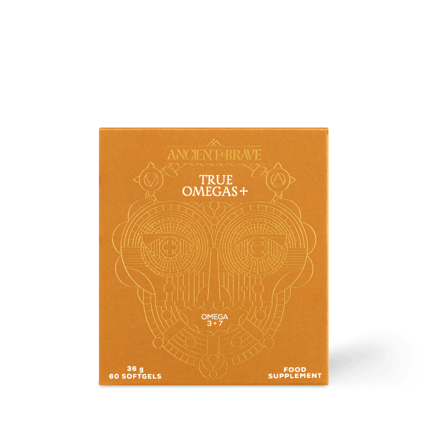 Orange supplement package for True Omegas+ with intricate design and text