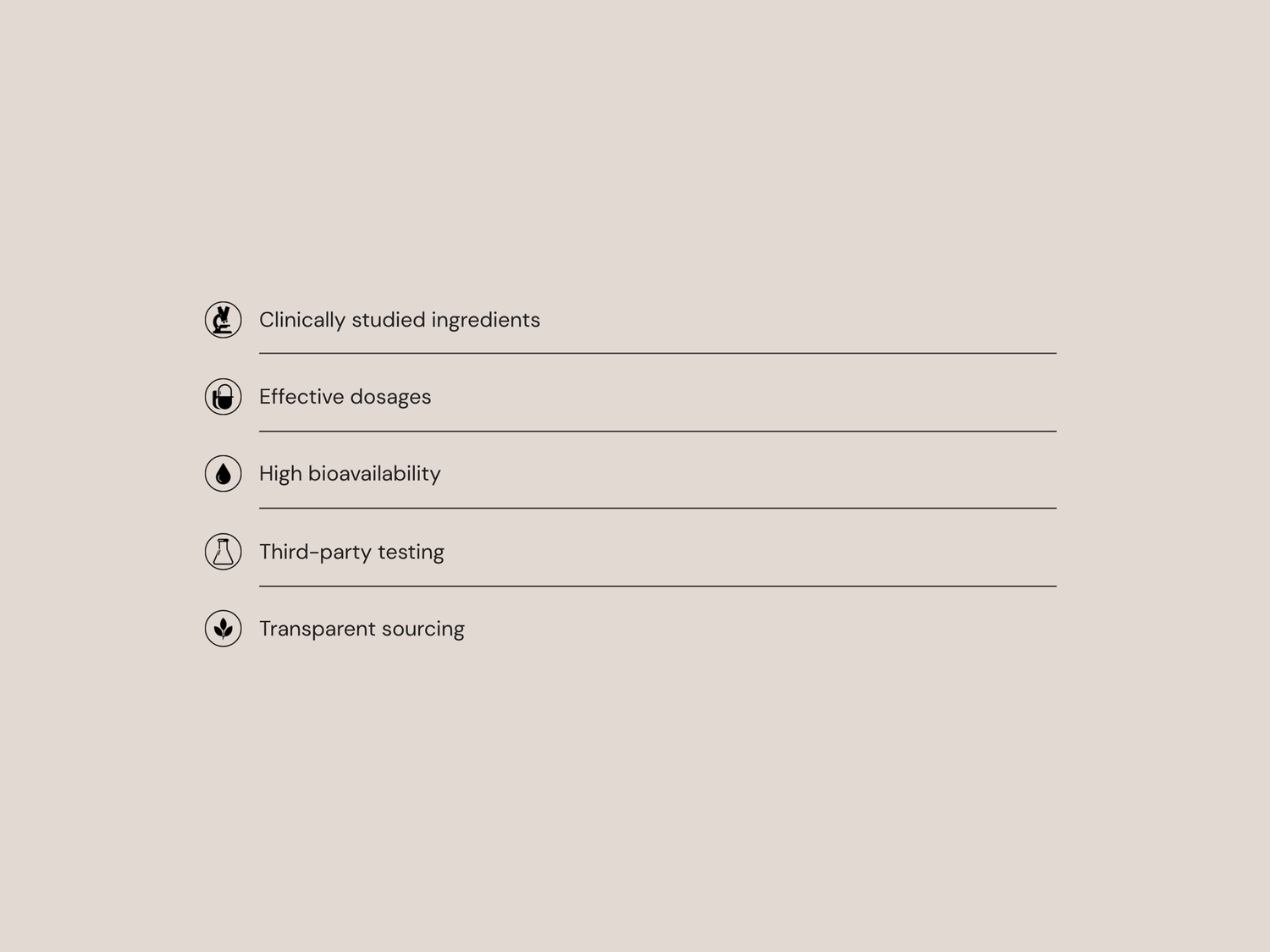 A minimalist beige graphic with five bullet points listing product attributes to prioritize.